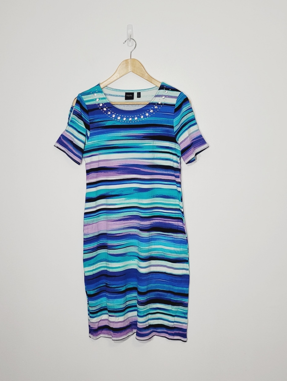 Rafaella Blue Purple Striped Pattern 100% Cotton Short Sleeve Casual Dress Sz M